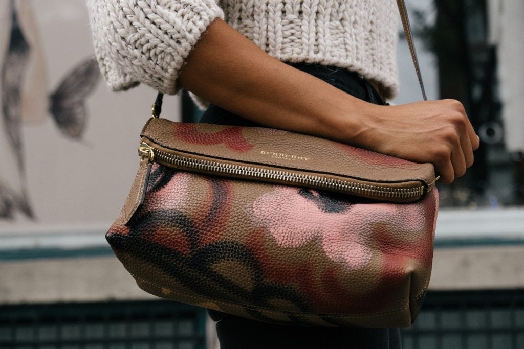A woman is carrying a bag with a bed bug print on it.
