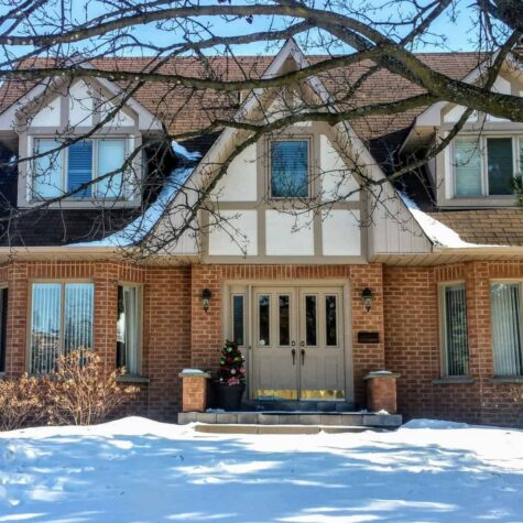 A two-story brick house with snow on the ground, bare tree branches overhead, and a small decorated Christmas tree by the front door—perfectly cozy, except for the occasional scampering of rodents seeking warmth.