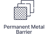 Icon of three overlapping squares, with the front square featuring a diamond plate pattern to emphasize strength and durability. Text below reads "Permanent Metal Barrier," highlighting its effectiveness for rodent pest removal.