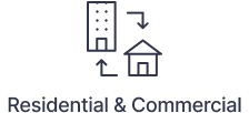 Line drawing of a tall building and a house with arrows between them, above the words "Residential & Commercial," representing rodent pest removal services for both types of properties.