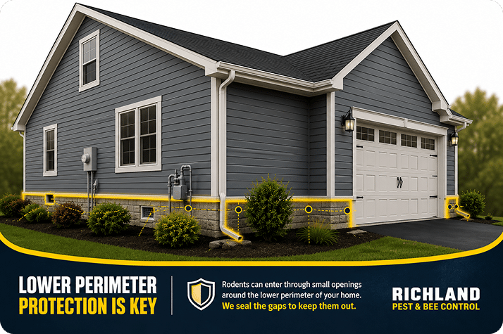 Gray house with yellow lines highlighting the lower perimeter, emphasizing common rodent entry points. Text promotes sealing gaps for effective rodent pest removal and prevention, featuring Richland Pest & Bee Control branding.