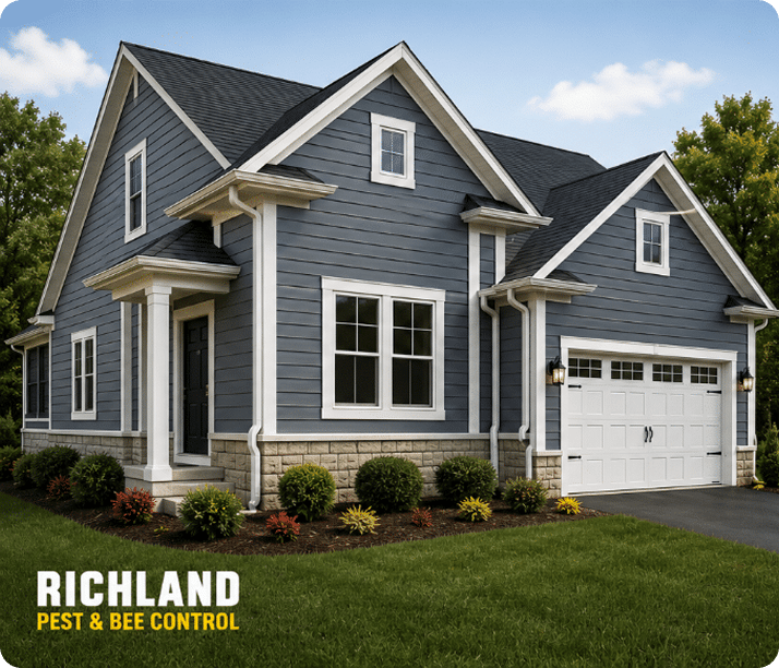 Blue house with white trim, double garage, and landscaped front yard. "Richland Pest & Bee Control" logo is in the lower left corner, highlighting their expertise in rodent pest removal. Trees and blue sky are in the background.