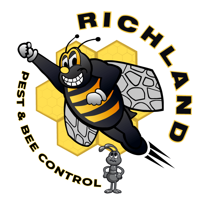 Cartoon bee in superhero pose flying before honeycomb hexagons, with "Richland Pest & Bee Control" text and a smaller bee below—showcasing the strength of the Richland team.