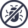 A black bug icon crossed out by a diagonal line inside a circle, symbolizing no bugs or pest control, and representing effective rodent pest removal.
